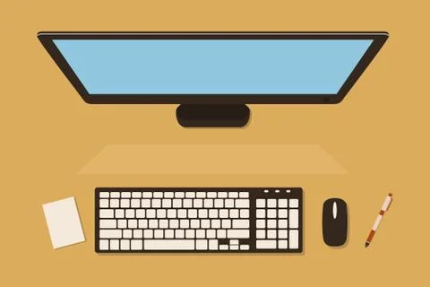 Top view of computer screen with keyboard on the desk, vector illustration Stock Illustration