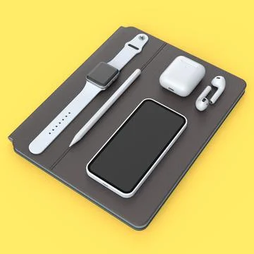 Top view of computer tablet with stylus, smart watch, phone and headphones is Stock Illustration