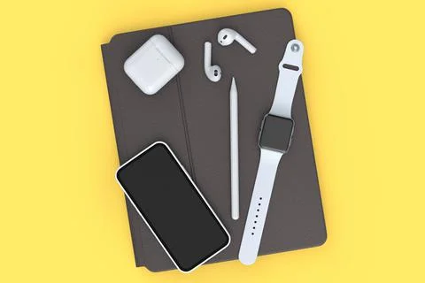 Top view of computer tablet with stylus, smart watch, phone and headphones is Stock Illustration
