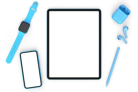 Top view of computer tablet with stylus, smart watch, phone and headphones is Stock Illustration