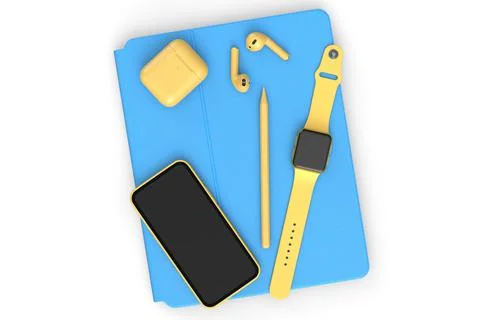 Top view of computer tablet with stylus, smart watch, phone and headphones is Stock Illustration