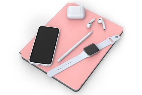 Top view of computer tablet with stylus, smart watch, phone and headphones is Stock Illustration