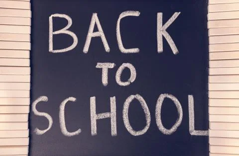Top view concept of education with text back to school is written in chalkboa 写真素材