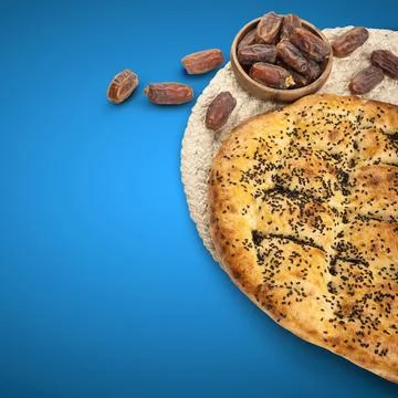 Top view concept idea image of ramadan pide and dry date fruits. Stock Photos