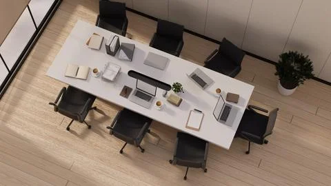 Top view conference table with laptops and office supplies Stock Illustration