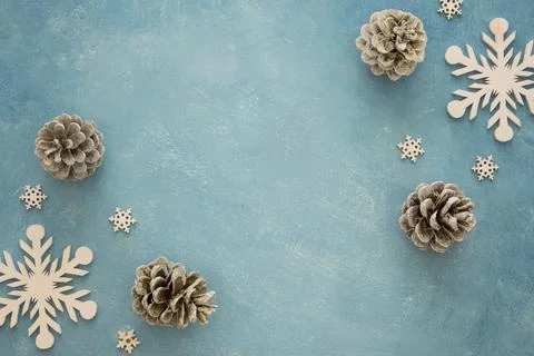 Top view conifer pine cones and snowflakes. High quality and resolution Stock Photos