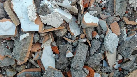 Top View of Construction Debris with Broken Tiles Bricks and Concrete Rubble Stock Photos