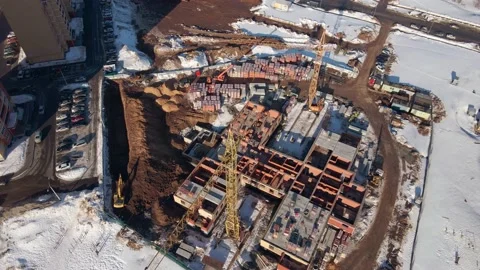 Top view of the construction of a kindergarten. A drone flies over construction Video stock 151497471
