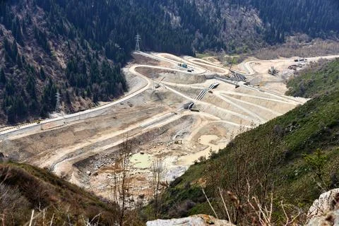 Top view of the construction of a mudflow dam Stock Photos