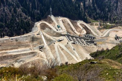 Top view of the construction of a mudflow dam Foto stock