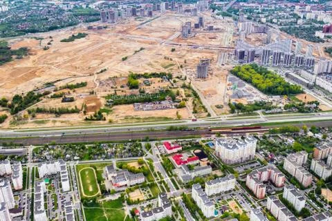 Top view of the construction site and the city.The City Of Minsk.Start of new Foto stock