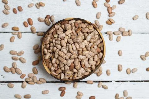 Top view of container with raw white beans 写真素材