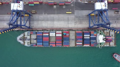 Top view: Container ship in the harbor of Port Louis, Mauritius island Stock Footage 170821153