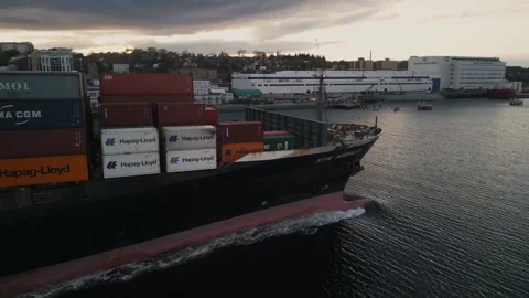 Top View container ship, seen from above, slowly sails in Halifax harbor, Canada Stock Footage 275610230