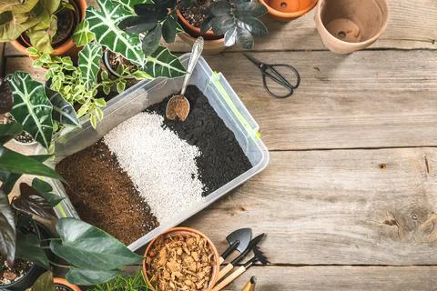 Top view of container with soil mix ingredients Stock-Fotos