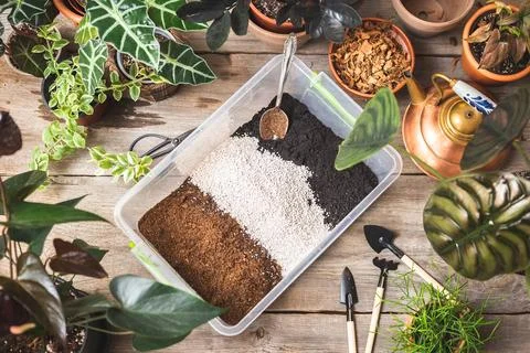 Top view of container with soil mix ingredients Stock Photos