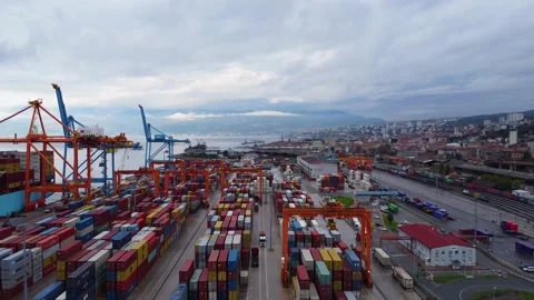 Top view of the container terminal The seaport is filled with containers. Harbor Stock Footage 239789496