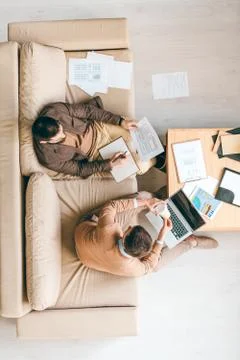 Top view of contemporary software developers consulting about new creative ideas 스톡 사진