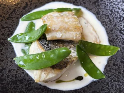 Top view of a cooked dish of fish with snow peas. Stock Photos