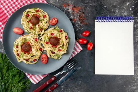 Top view cooked dough slices with meatballs on gray background color meat r.. Stock Photos