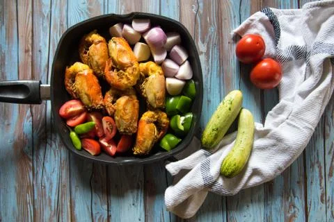 Top view of cooked prawns with condiments Stock Photos