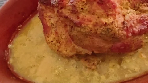 Top view of cooked whole deviled paddle in dish with mustard sauce 스톡 동영상 171274308