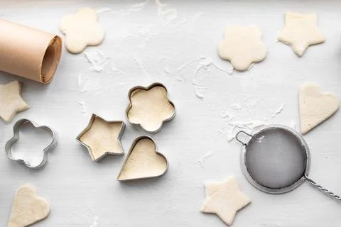 Top view of cooking a gingerbread cookie in the form of heart, star, cloud an Stock Photos