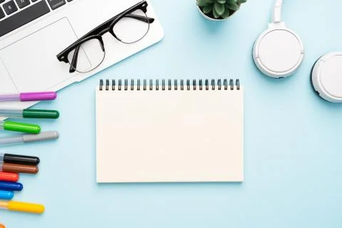 Top view with copy space of office desk with accessories Stock Photos