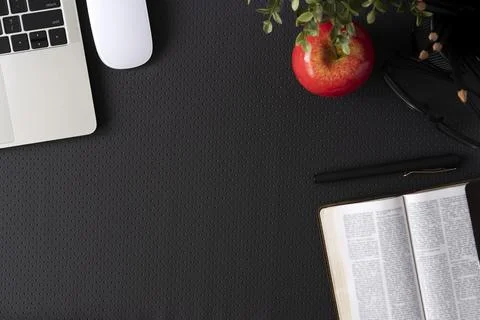 Top view with copy space of office leather desk table with computer supplies. 写真素材