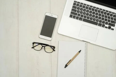 Top view with copy space of white working desk table  Stock Photos