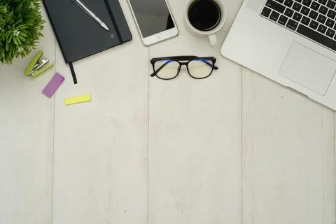 Top view with copy space of white working desk table Stock Photos