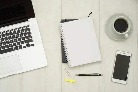 Top view with copy space of white working desk table Stock Photos
