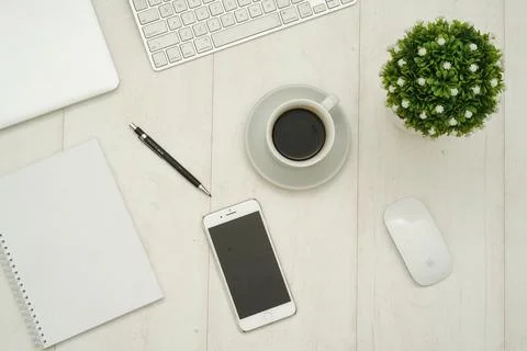 Top view with copy space of white working desk table  Stock Photos