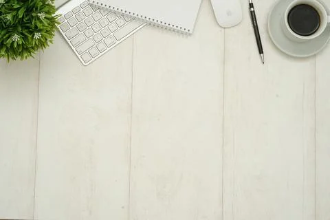 Top view with copy space of white working desk table Stock Photos