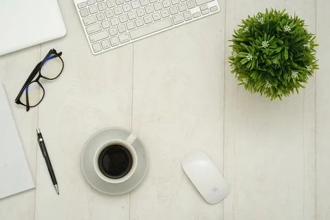 Top view with copy space of white working desk table Stock Photos