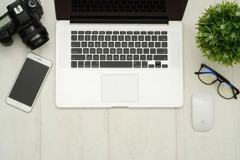 Top view with copy space of white working desk table Stock Photos