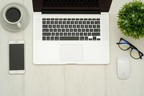 Top view with copy space of white working desk table Stock Photos