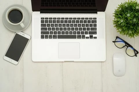 Top view with copy space of white working desk table Stock Photos