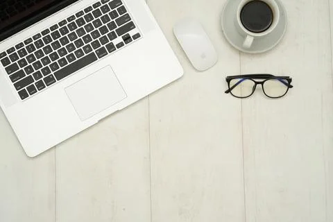 Top view with copy space of white working desk table Stock Photos
