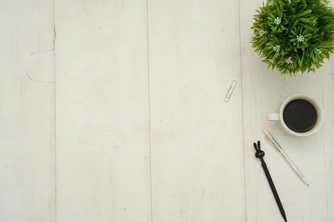 Top view with copy space of white working desk table Stock Photos