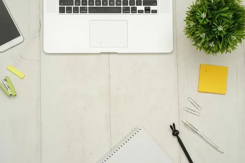 Top view with copy space of white working desk table Stock Photos