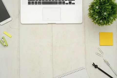 Top view with copy space of white working desk table Stock Photos