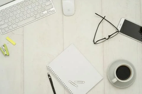 Top view with copy space of white working desk table Stock Photos