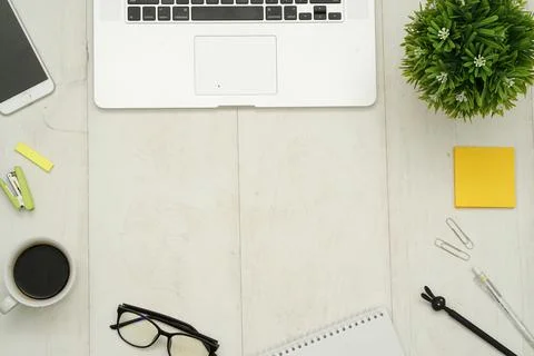 Top view with copy space of white working desk table Stock Photos