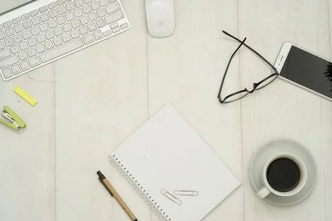 Top view with copy space of white working desk table Stock Photos