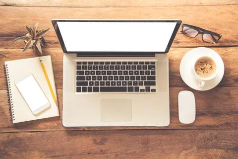 Top view with copy space, working desk with laptop,cellphone,notebook pencil Stock Photos
