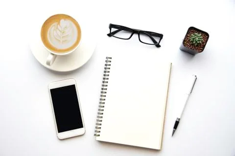 Top view with copy space, working desk with laptop,cell phone,notebook pencil Stock Photos