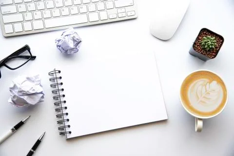 Top view with copy space, working desk with laptop,cell phone,notebook pencil Stock Photos
