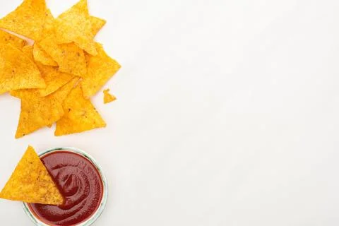 Top view corn nachos ketchup Stock Photos