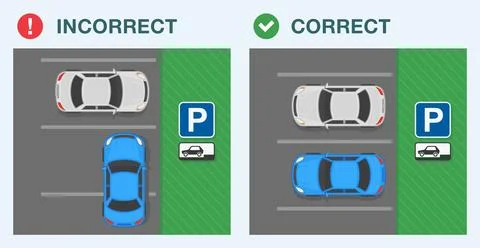 Top view of a correct and incorrect parked cars in the "reverse parking only". Stock Illustration